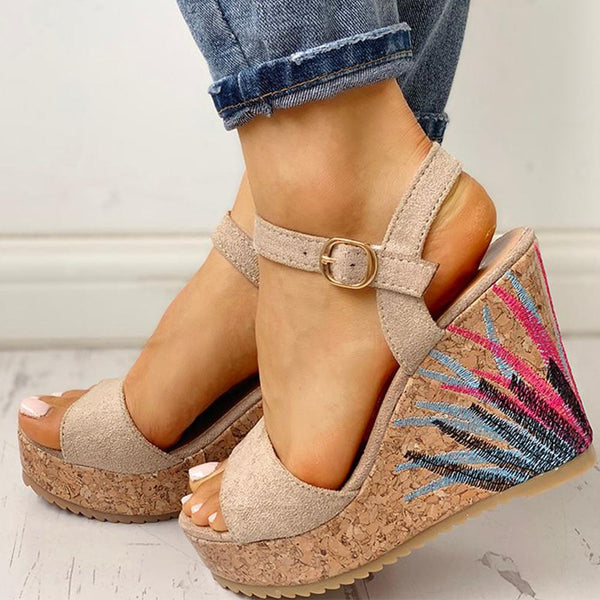 Casual Flock Platform Print Wedges Heeled Sandal