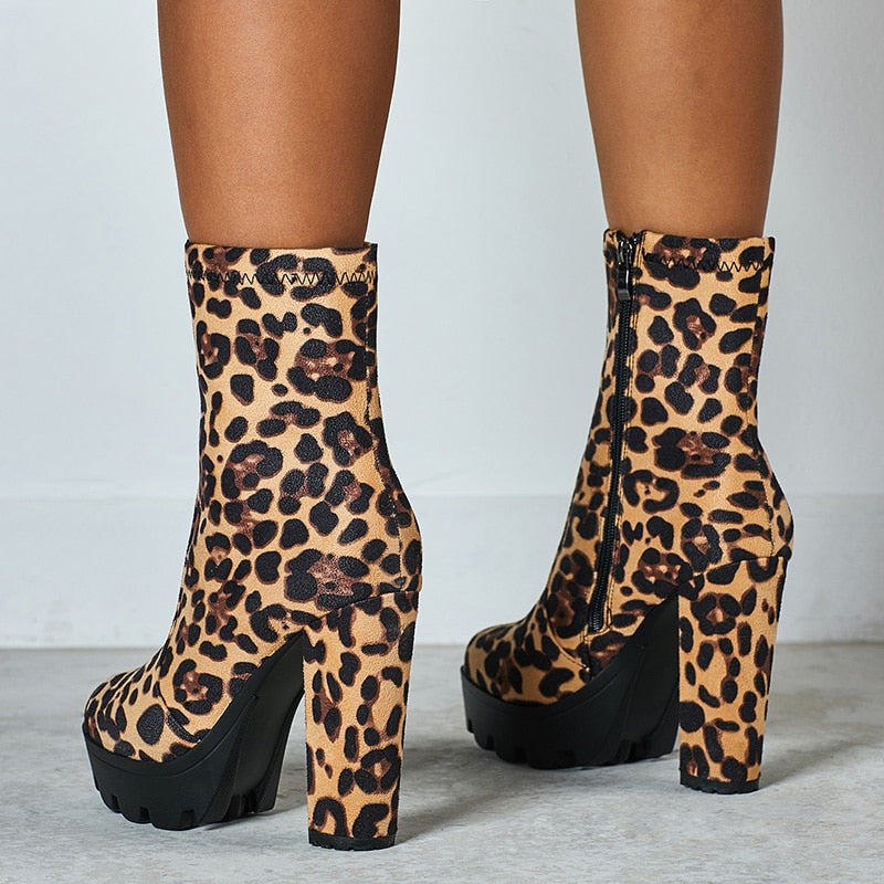 Sexy Leopard Printed Chunky Heels Round Toe Women Ankle Boots
