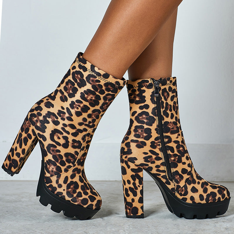 Sexy Leopard Printed Chunky Heels Round Toe Women Ankle Boots