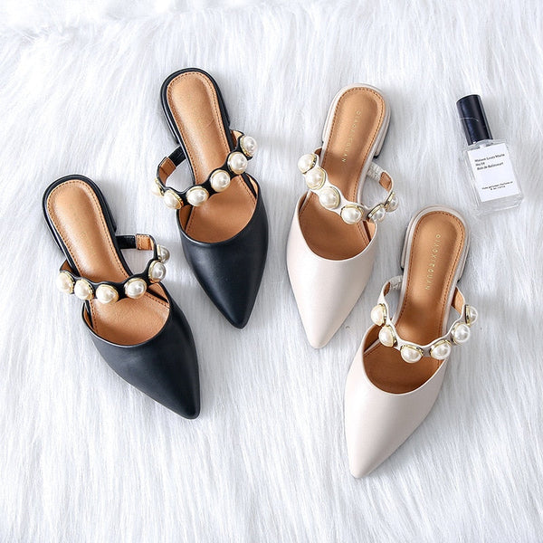 Retro Pearl Strap Low Heels Women Mules Shoes