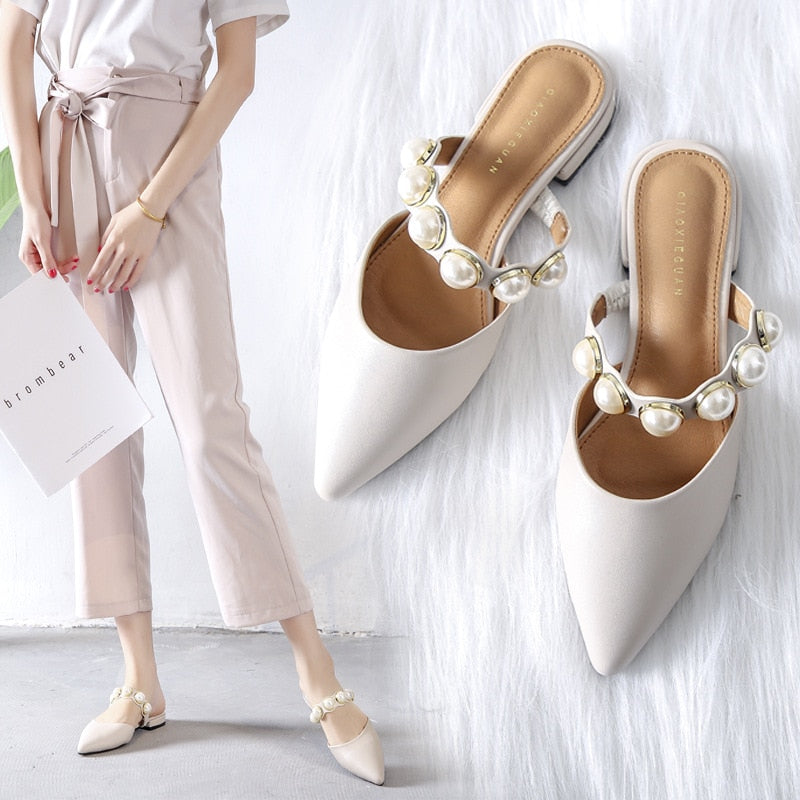 Retro Pearl Strap Low Heels Women Mules Shoes