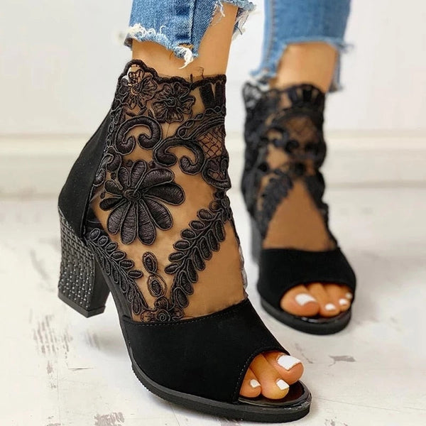 Mesh Leather Floral Lace Ankle Heels