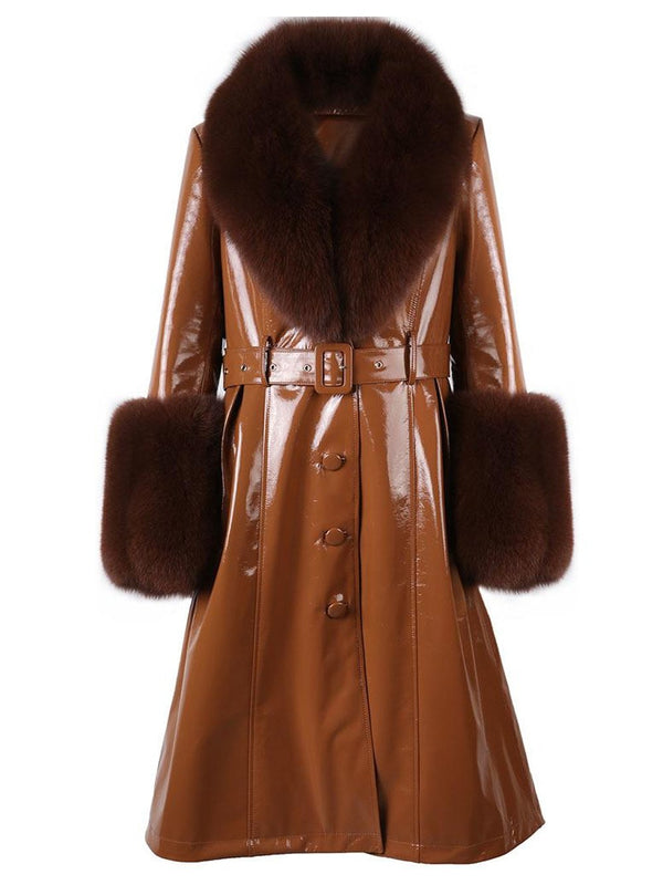 Faux Fur Genuine Patent Leather Coat in Brown