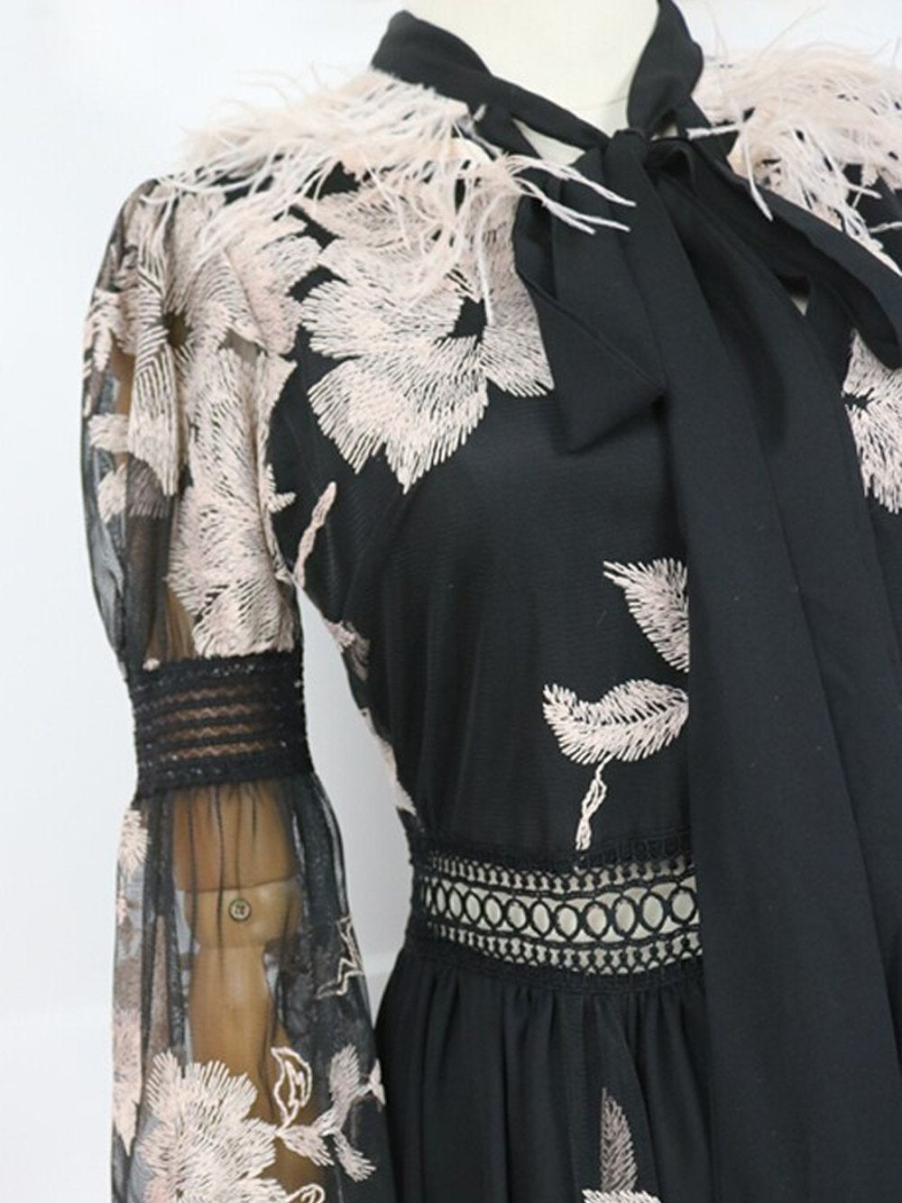 BECHI Feathers Embroidery Chiffon Maxi Dress