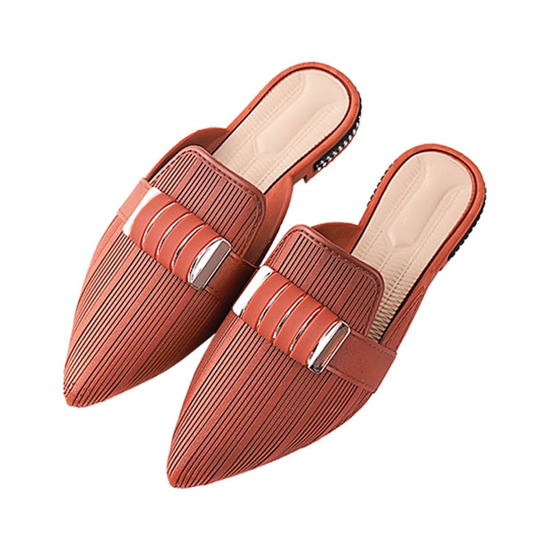 Casual Pointed Toe Square Heels with Stripped Metal Decoration Women Flat Shoes