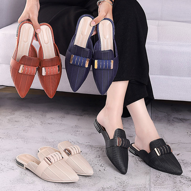 Casual Pointed Toe Square Heels with Stripped Metal Decoration Women Flat Shoes