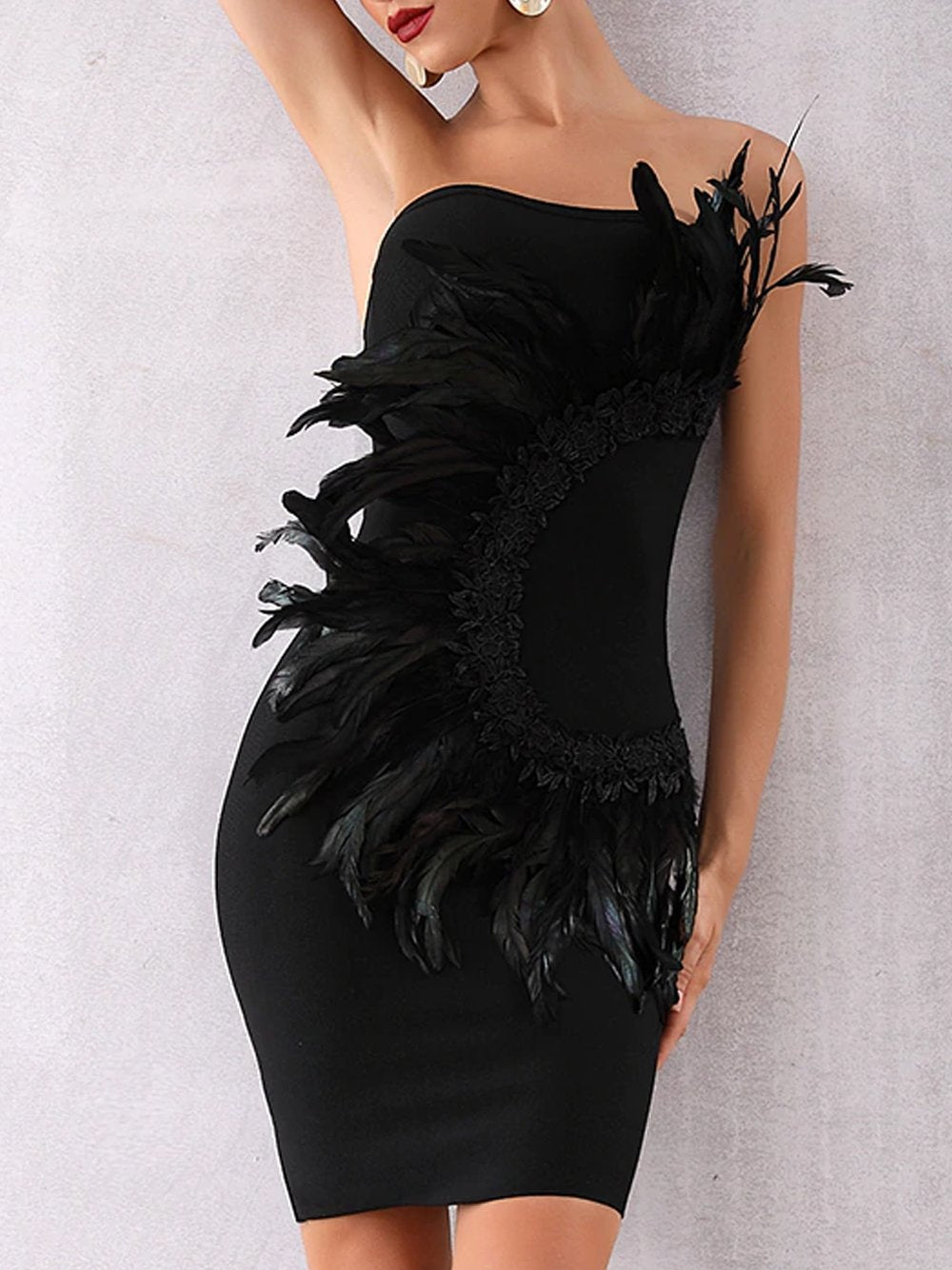 GEMINI Strapless Feathered Dress