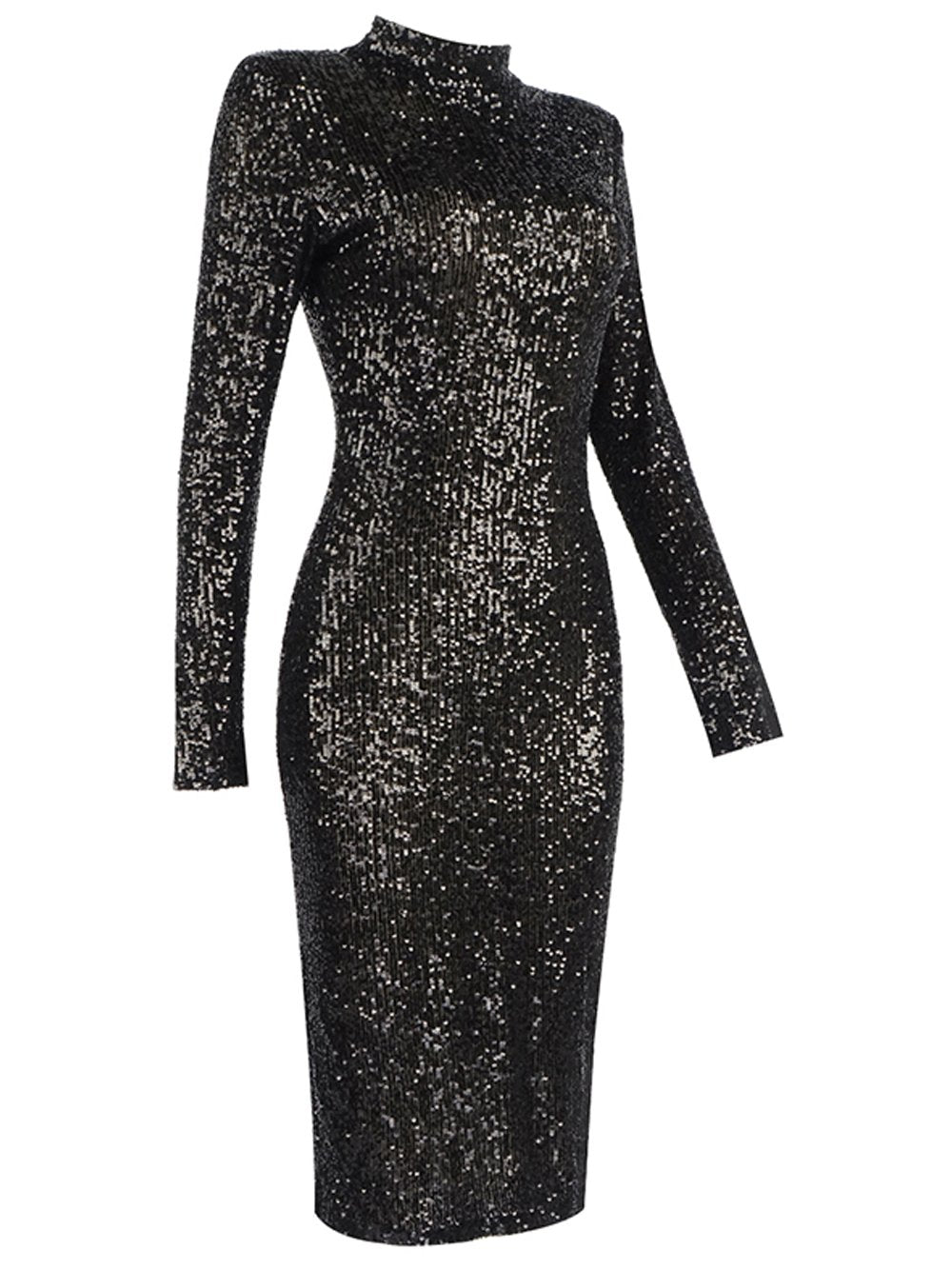 TAKIRA Black Turtleneck Slim Fit Sequined Midi Dress