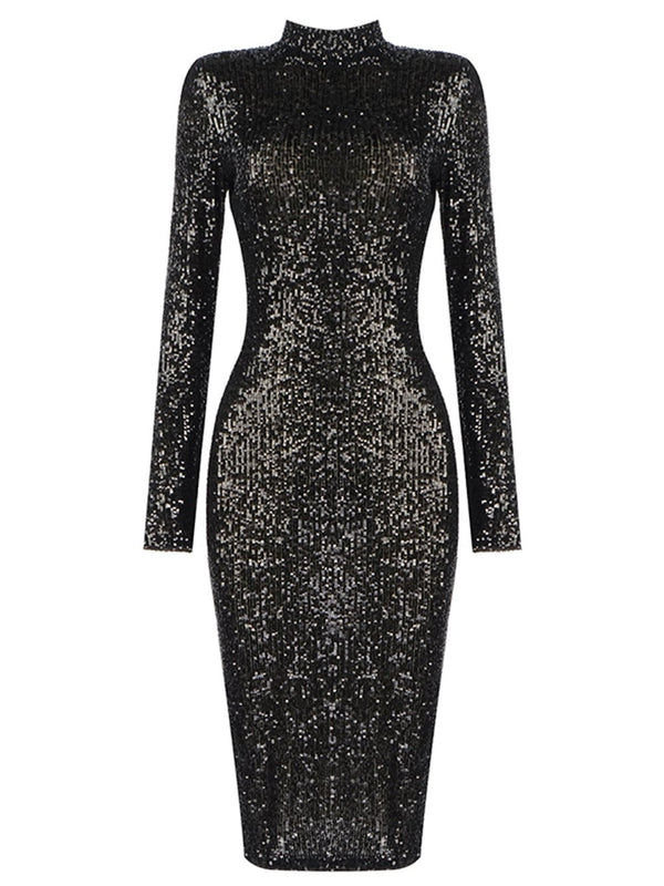 TAKIRA Black Turtleneck Slim Fit Sequined Midi Dress