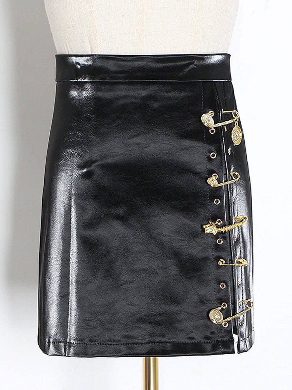Asymmetrical Pins Leather Skirt