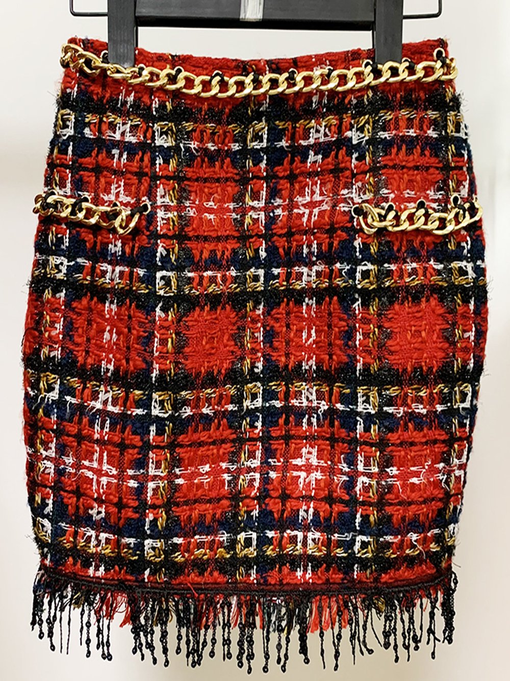 Chains Fringed Plaid Tweed Mini Skirt