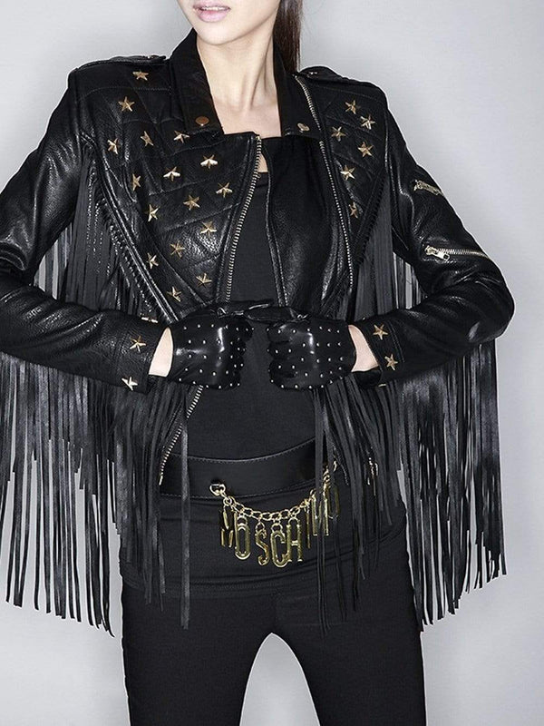 Star-Beaded Slim Fringed Motorcycle Jacket