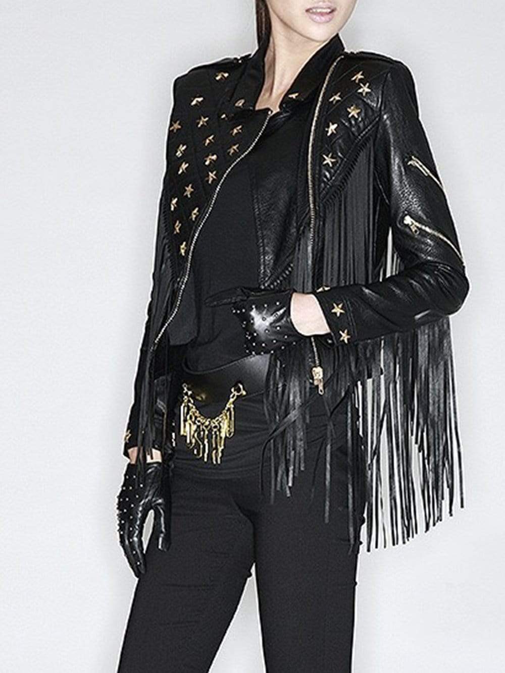 Star-Beaded Slim Fringed Motorcycle Jacket