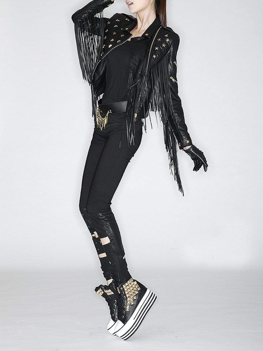 Star-Beaded Slim Fringed Motorcycle Jacket