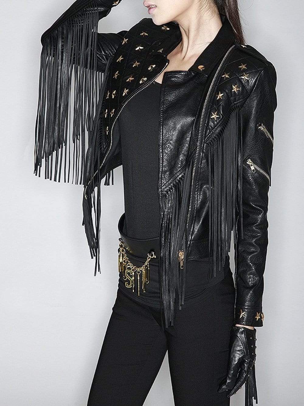 Star-Beaded Slim Fringed Motorcycle Jacket