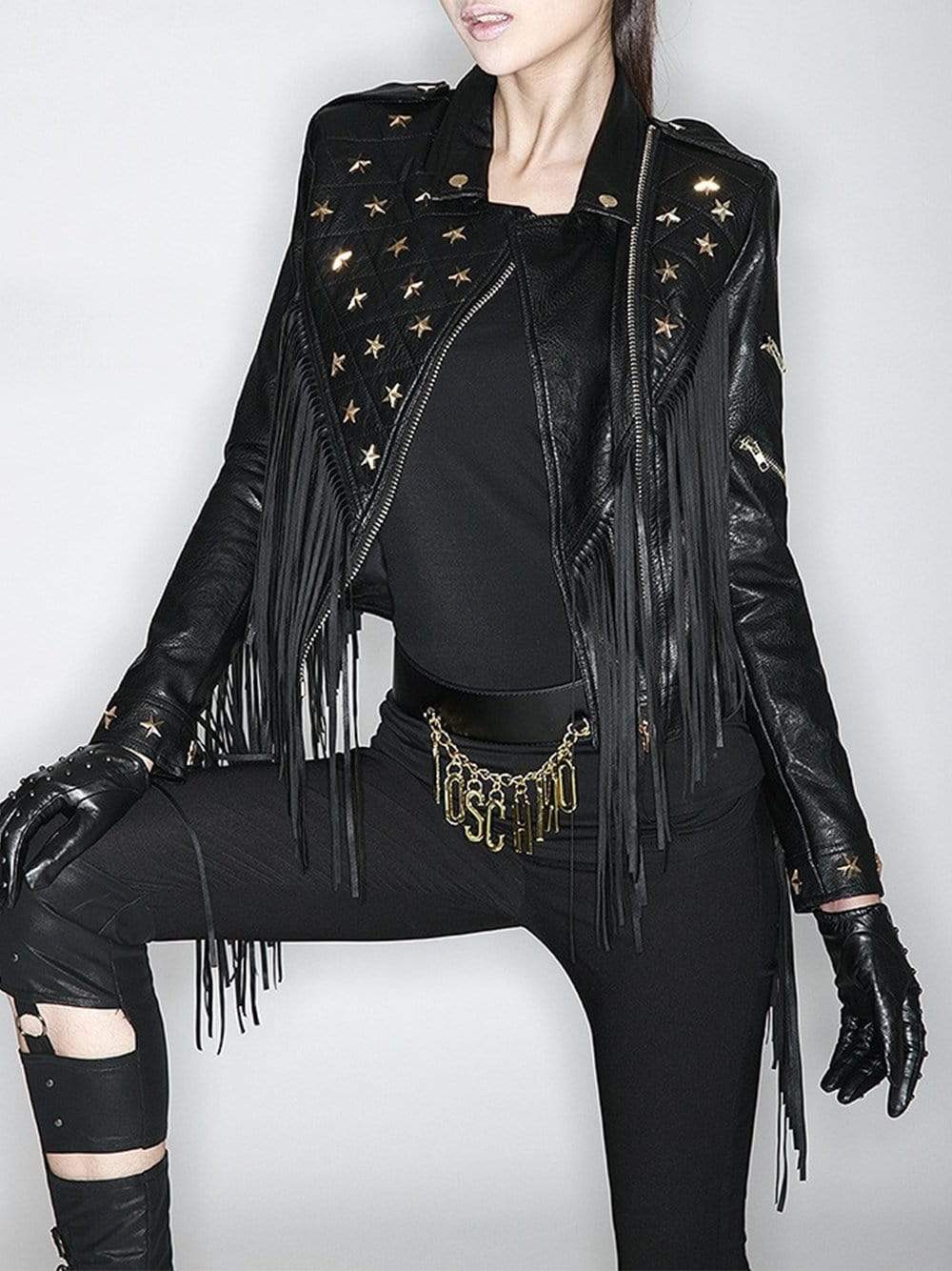 Star-Beaded Slim Fringed Motorcycle Jacket