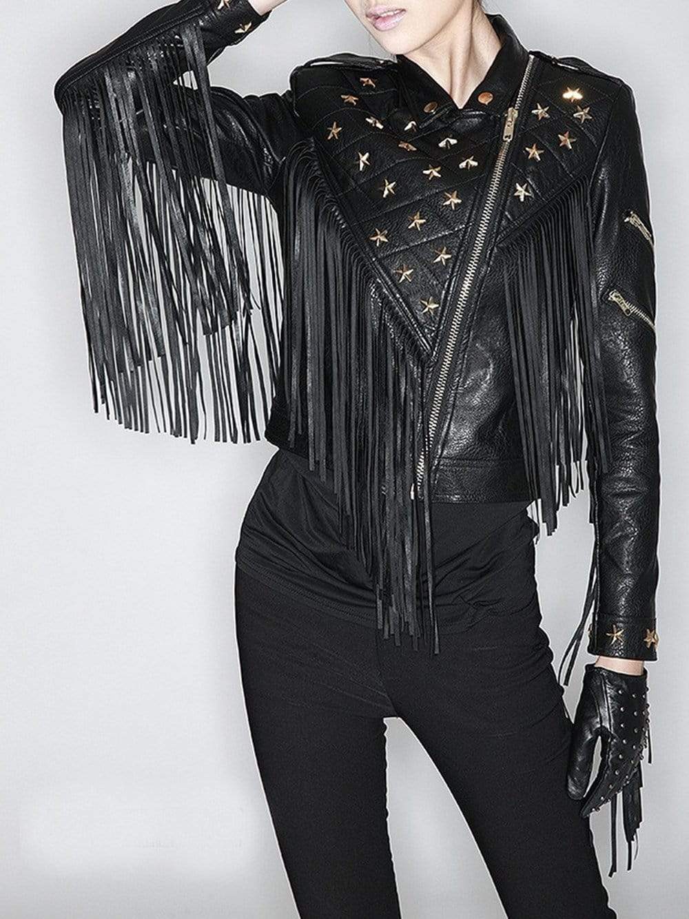 Star-Beaded Slim Fringed Motorcycle Jacket