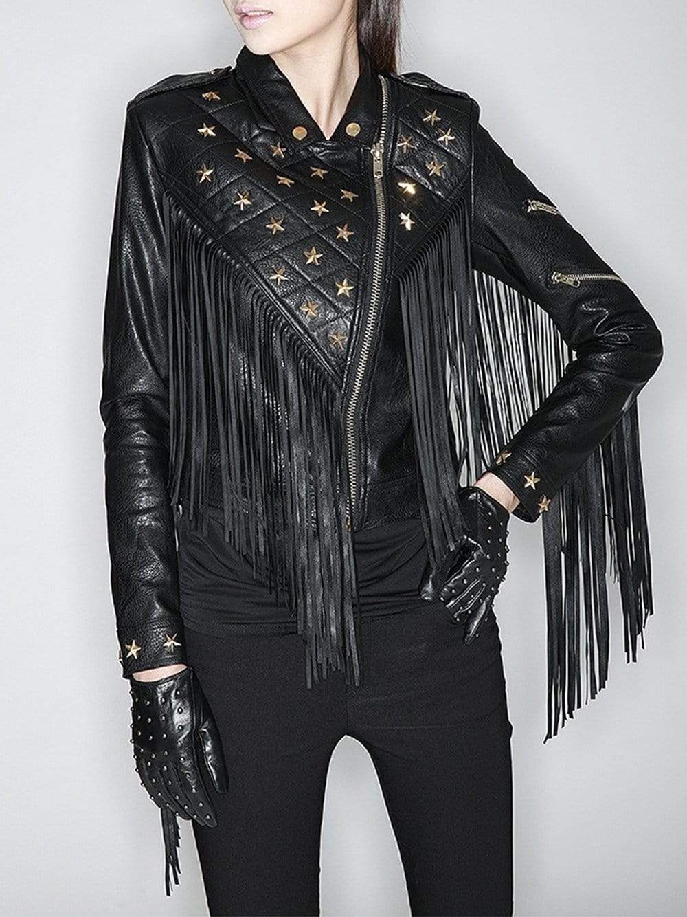 Star-Beaded Slim Fringed Motorcycle Jacket