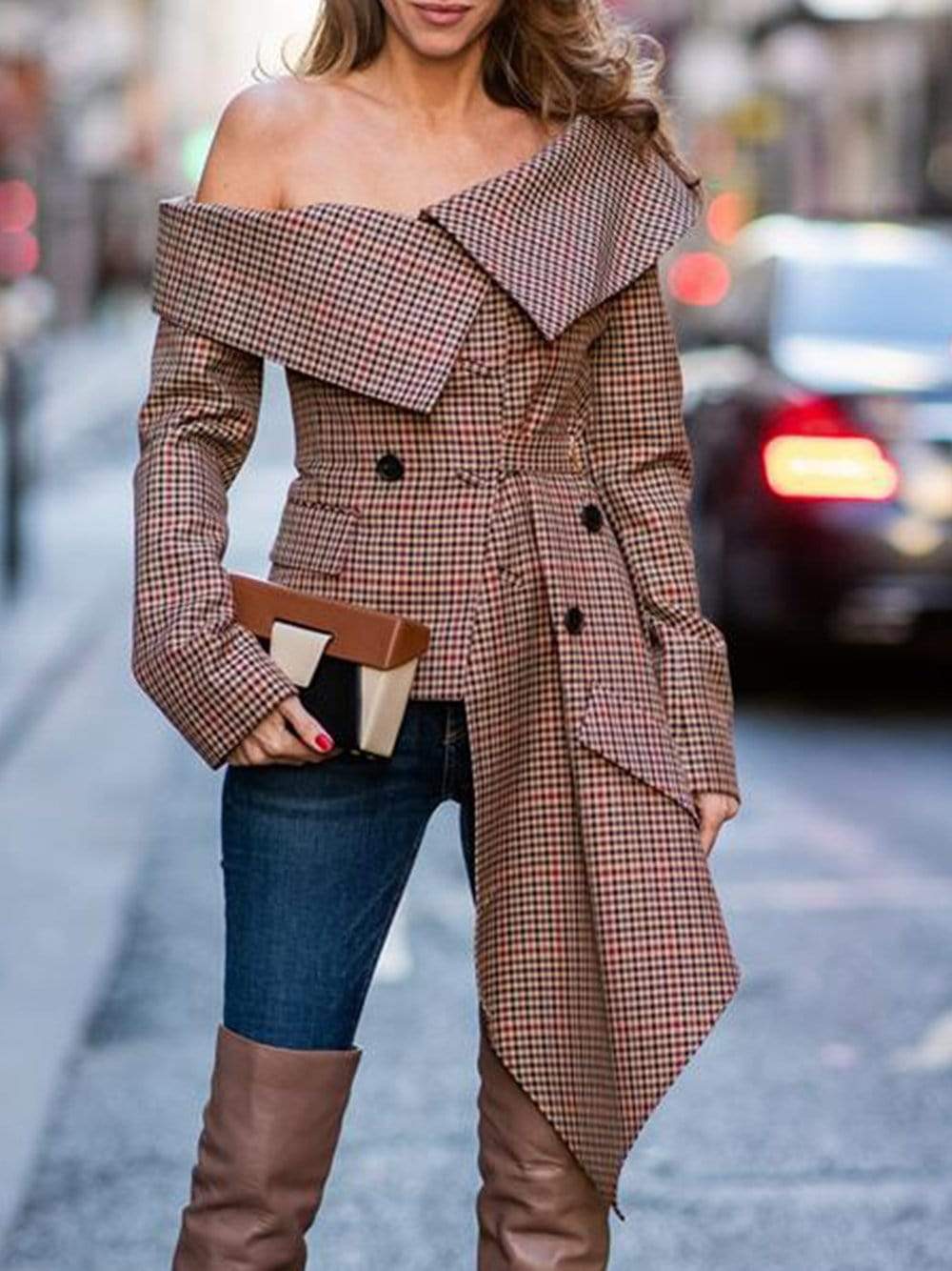 Checkered Off-the-Shoulder Wool-Blend Jacket