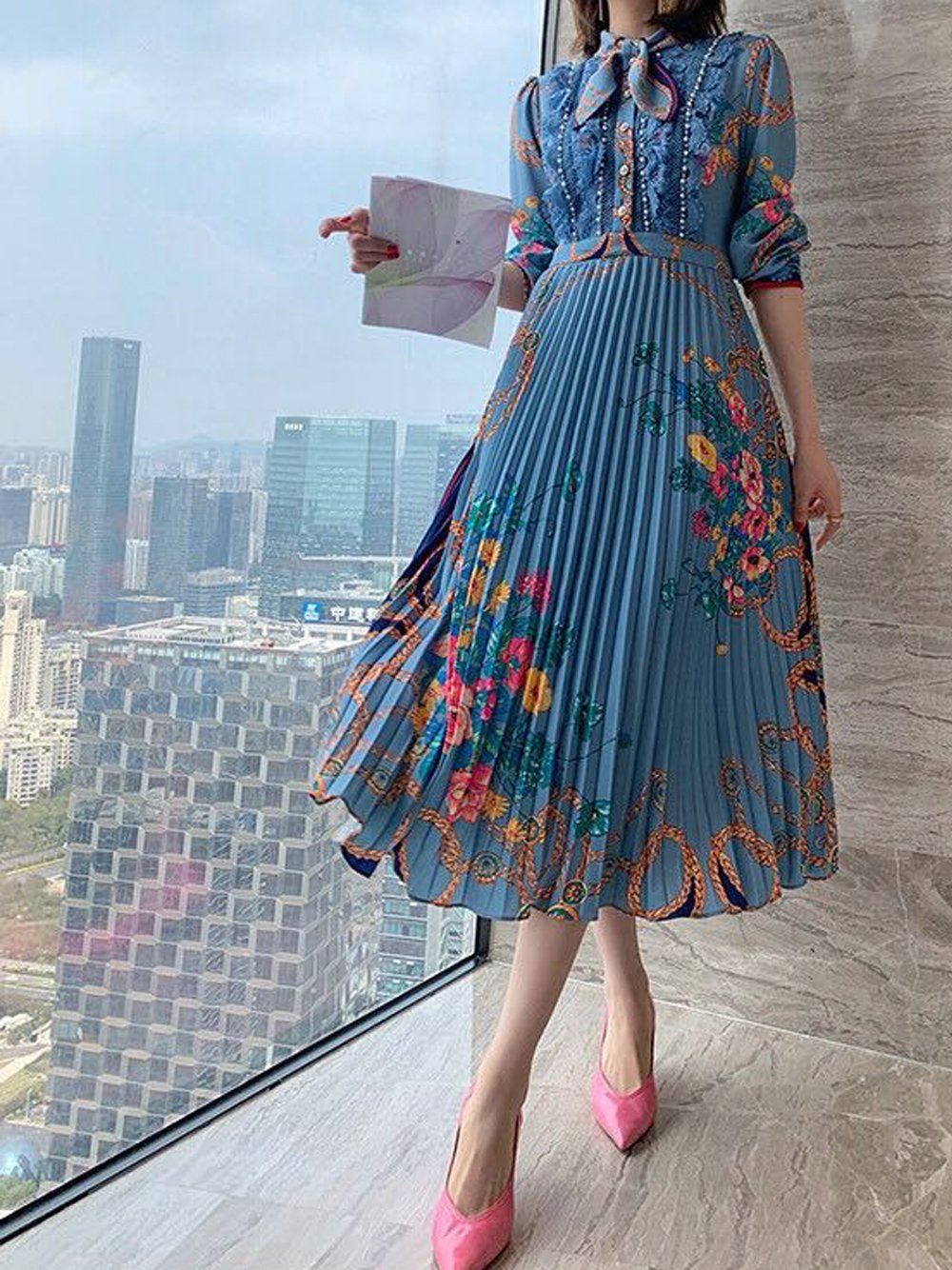 TERESE Bow Floral Pleated Midi Dress