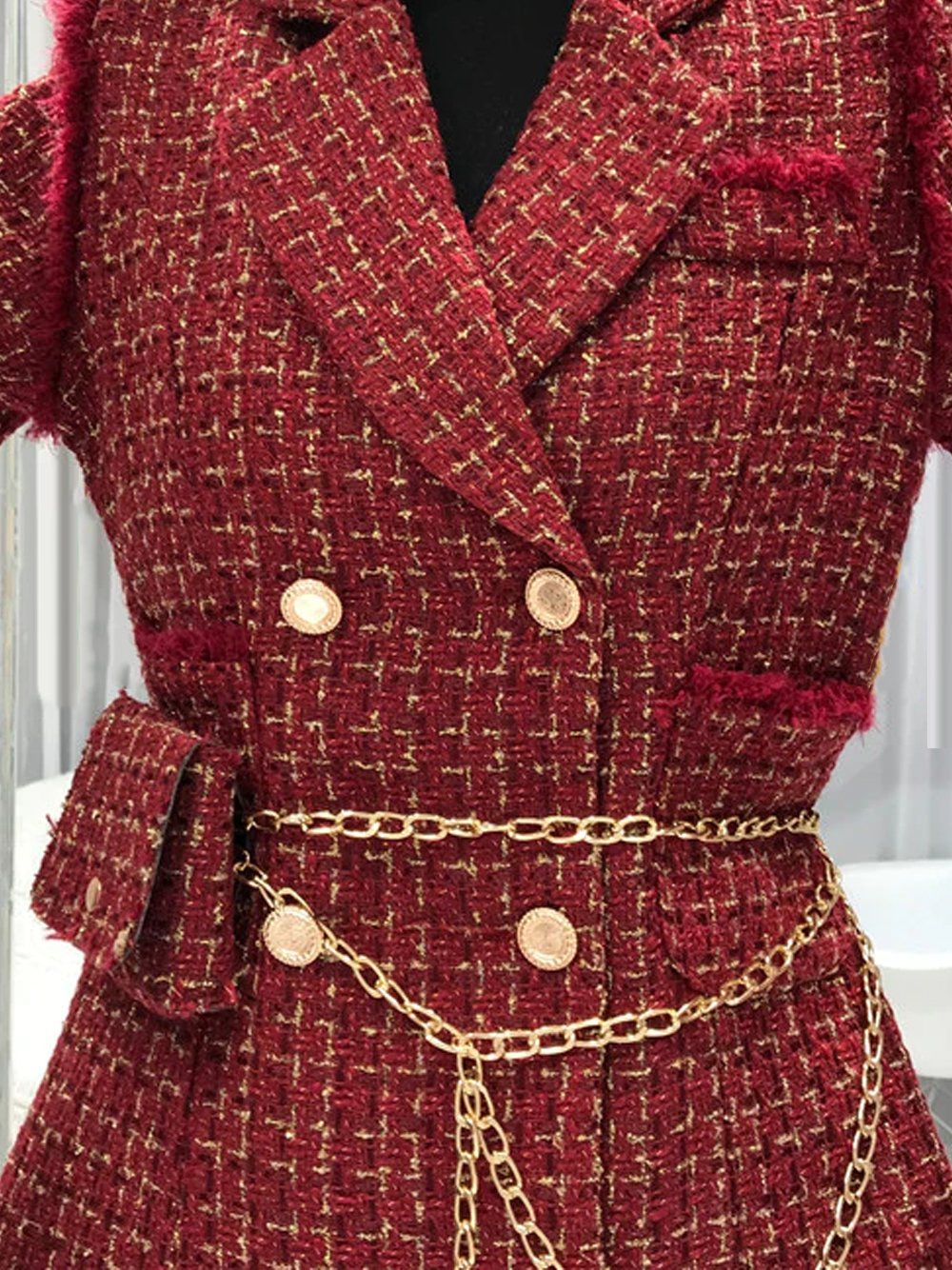 Tweed Double Breasted Blazer Dress w/ Chain Belt Bag