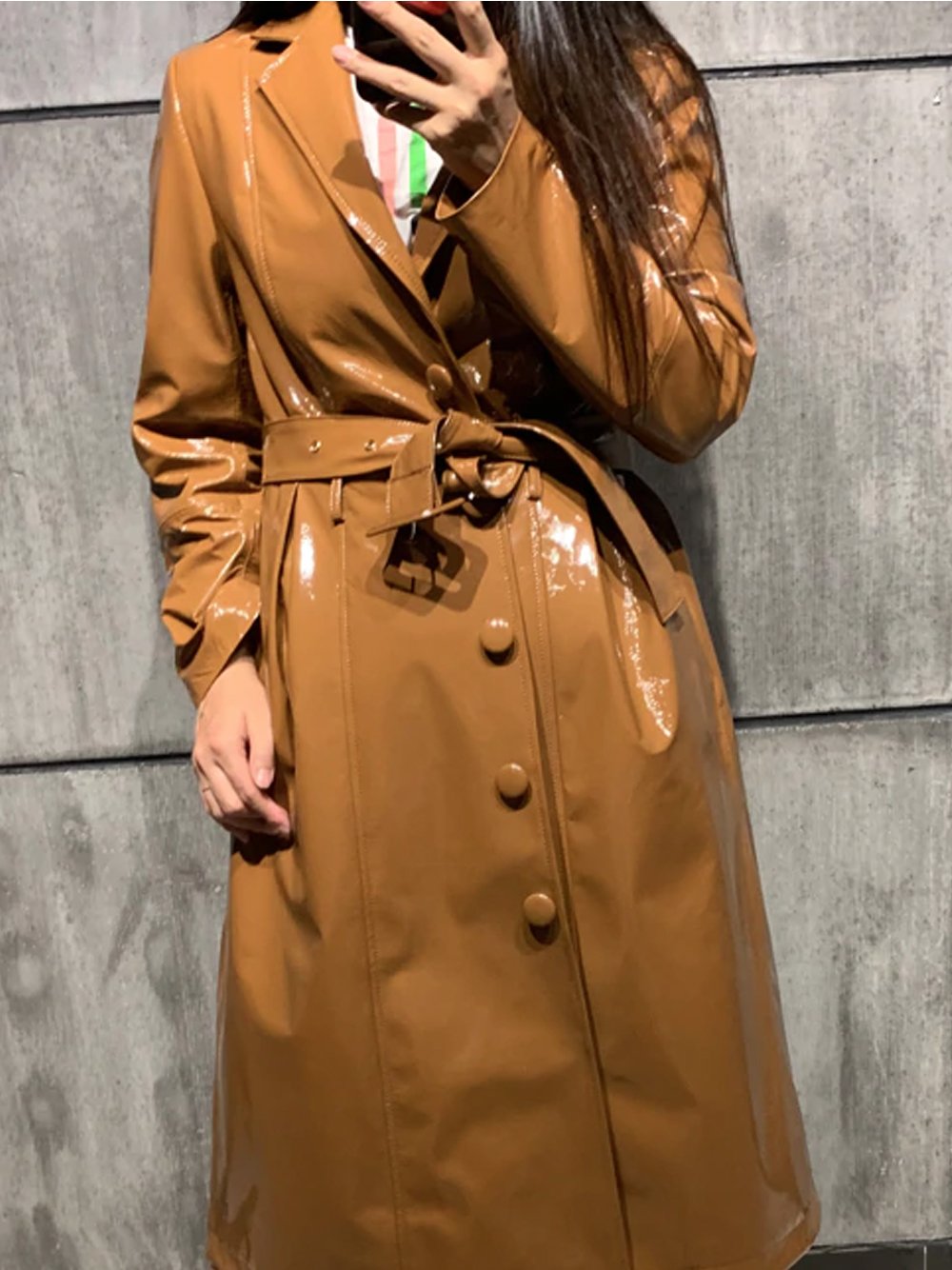 Faux Fur Genuine Patent Leather Coat in Brown