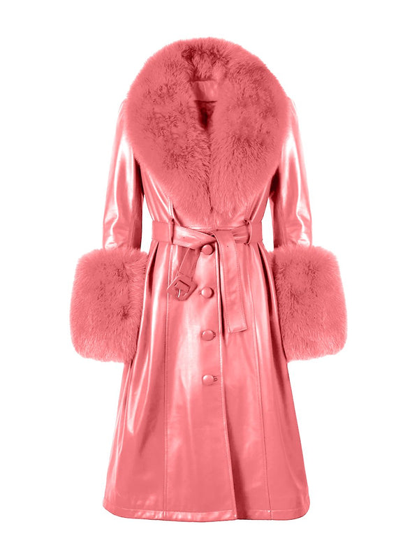 Faux Fur Genuine Leather Coat in Pink