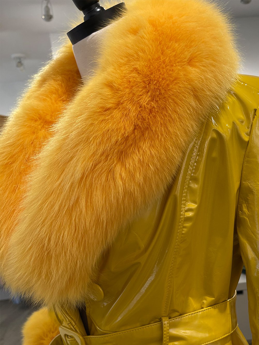 Faux Fur Genuine Patent Leather Coat in Yellow