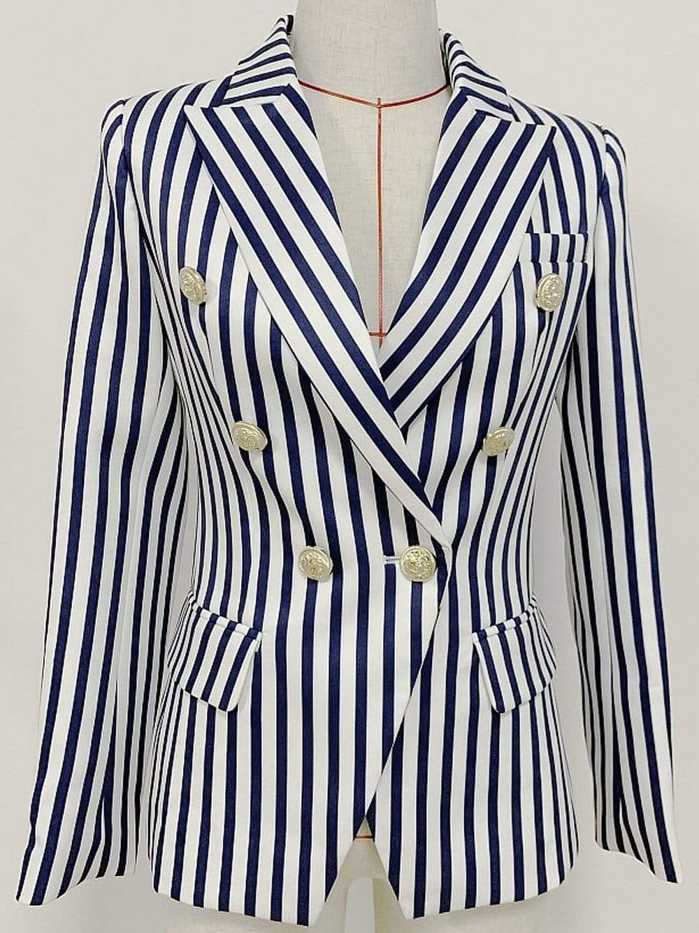 Double-breasted Striped Blazer in White/Blue