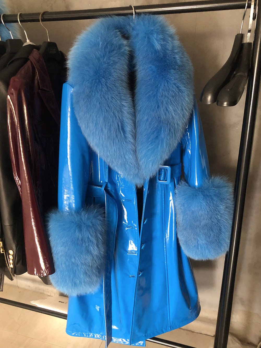 Faux Fur Patent Leather Coat in Blue