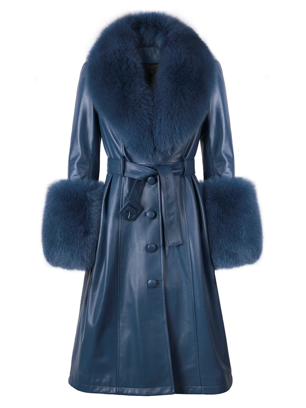 Faux Fur Genuine Leather Coat in Navy