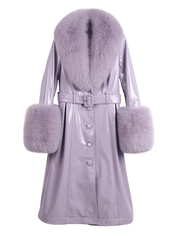 Faux Fur Genuine Leather Coat in Violet