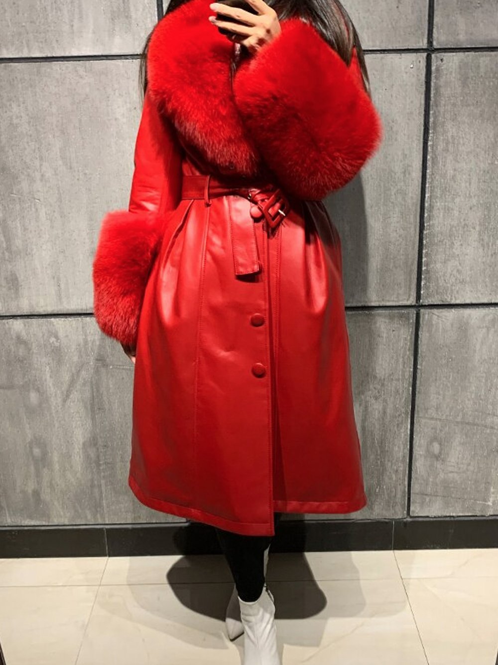 Faux Fur Genuine Leather Coat in Red