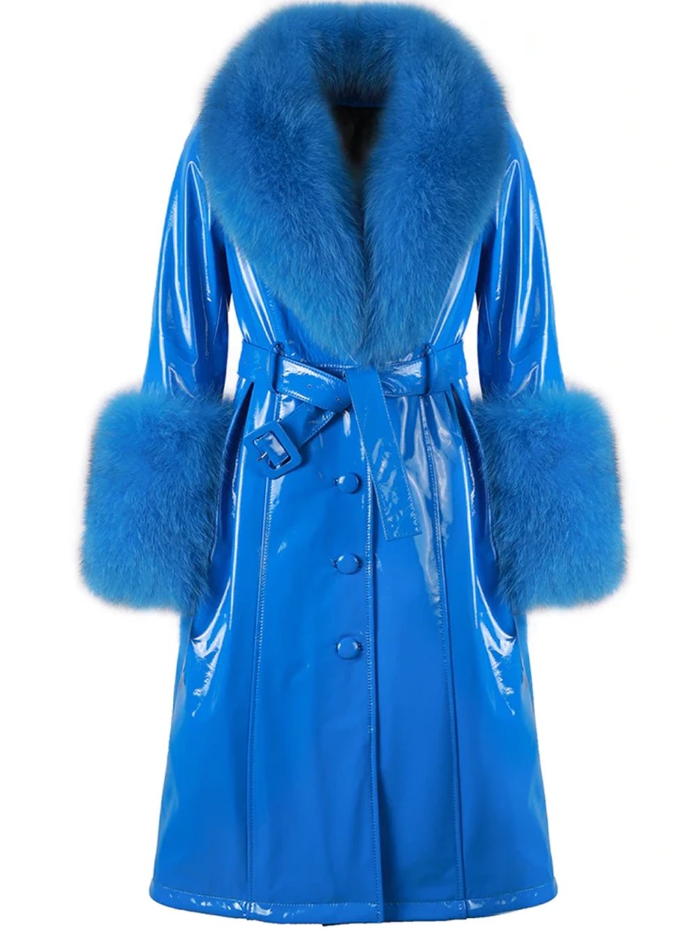 Faux Fur Patent Leather Coat in Blue