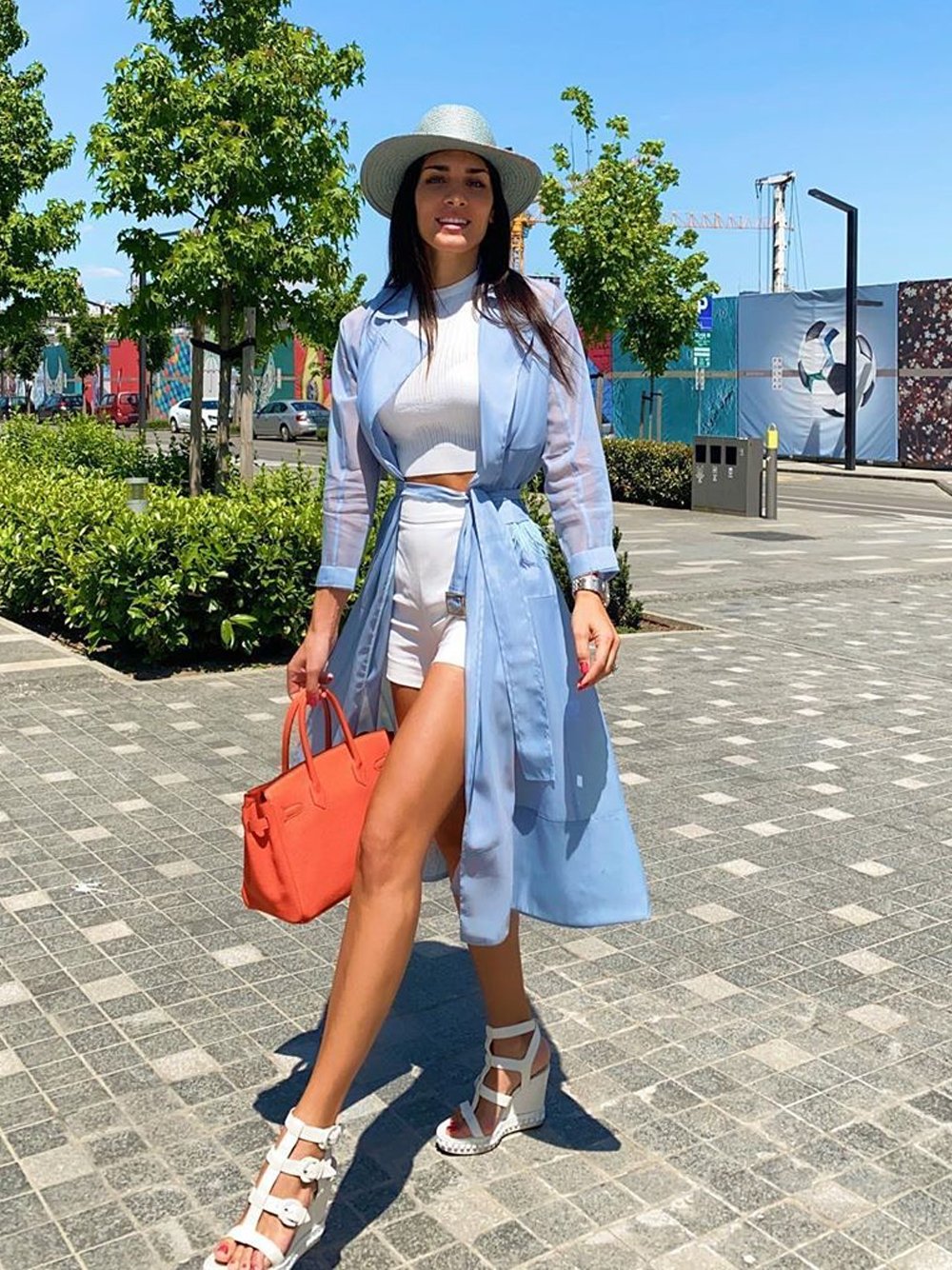 Trench Coat with Detachable Burnt Ostrich-Feather Pockets in Blue