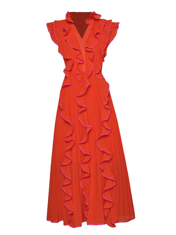 ODELLE Ruffles Midi Dress in Red