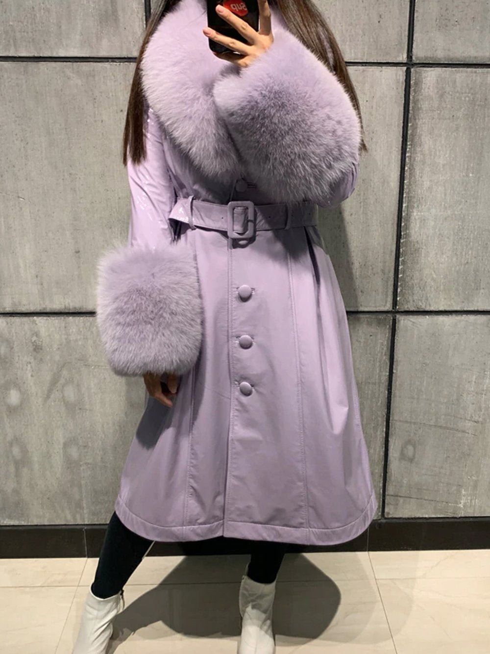 Faux Fur Genuine Leather Coat in Violet