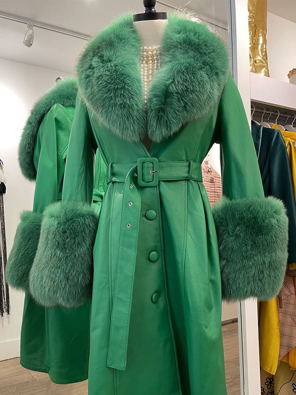 Faux Fur Genuine Leather Coat in Green