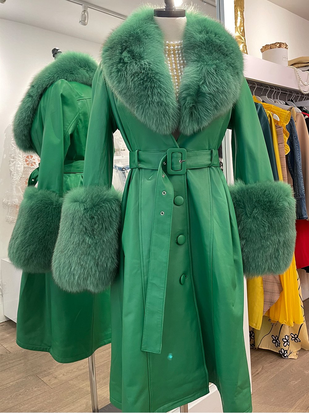 Faux Fur Genuine Leather Coat in Green