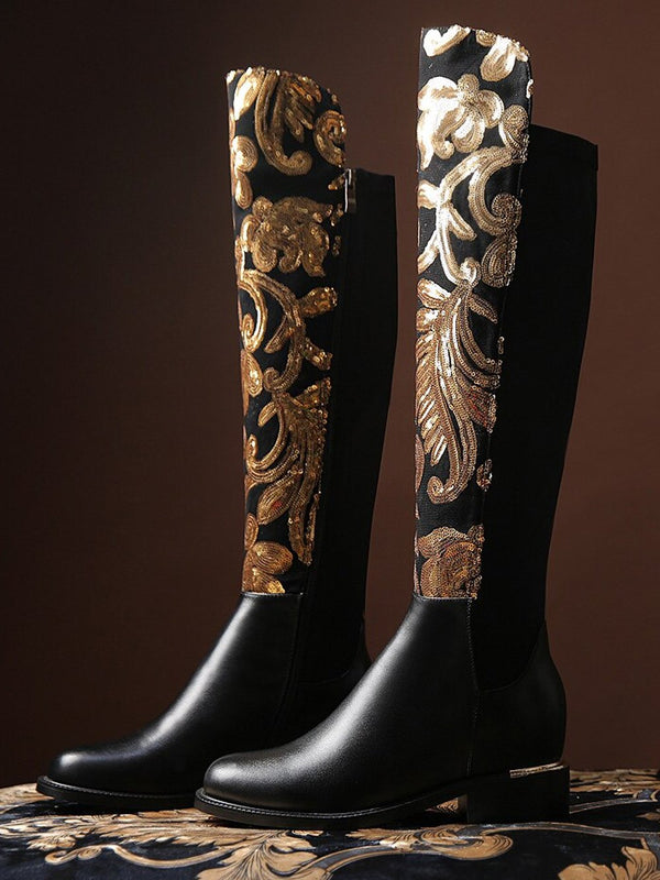 Glittery Fern Knee-High Faux-Leather Boots