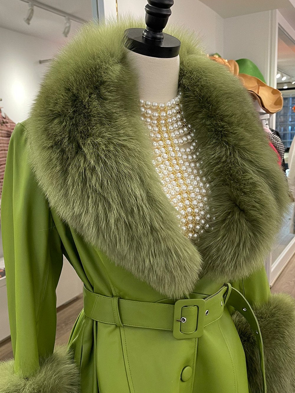 Faux Fur Genuine Leather Coat In Lime Green