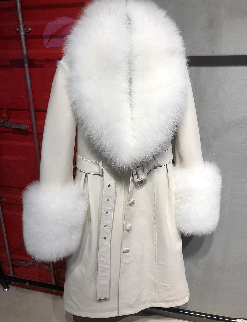 Faux Fur Genuine Leather Coat In White