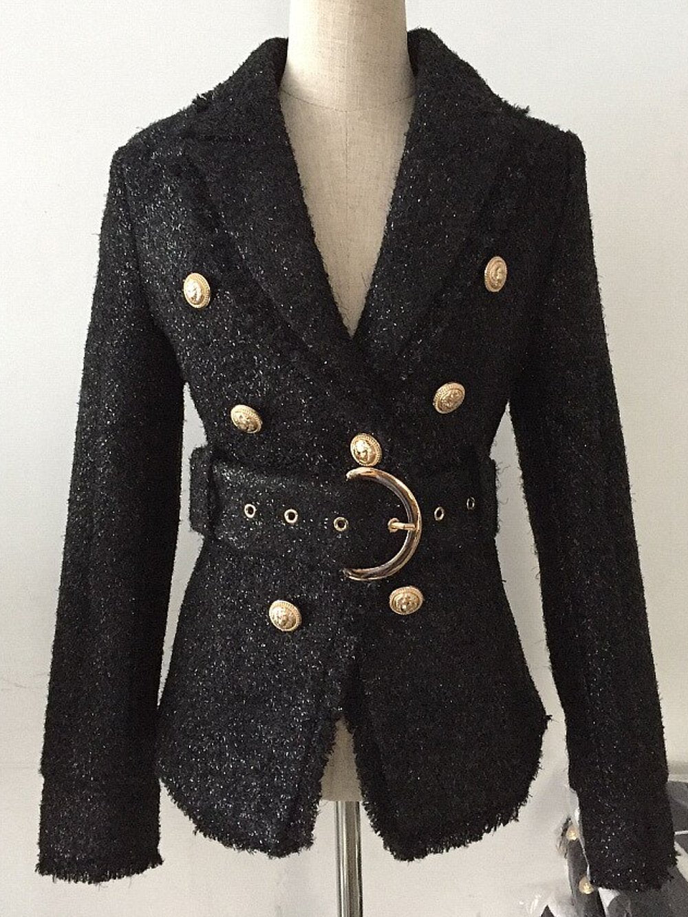 MERCEDES Double-Breasted Belted Tweed Blazer