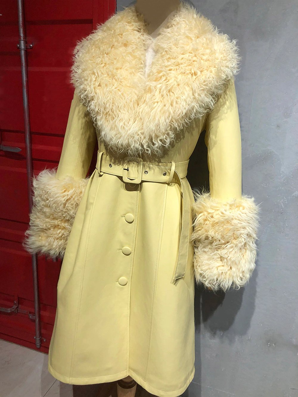 Faux Fur Genuine Leather Coat in Yellow