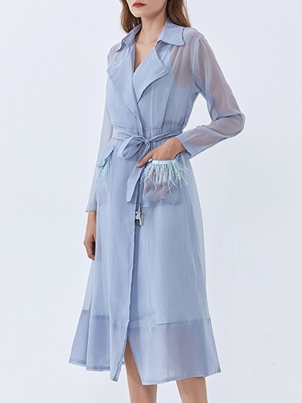 Trench Coat with Detachable Burnt Ostrich-Feather Pockets in Blue
