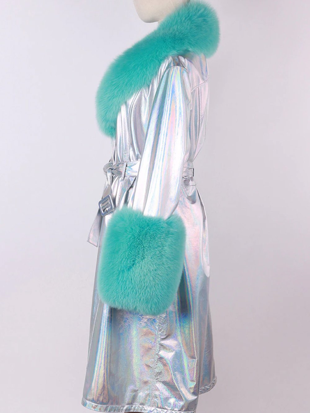 Faux Fur Genuine Patent Leather Coat in Silver / Turquoise
