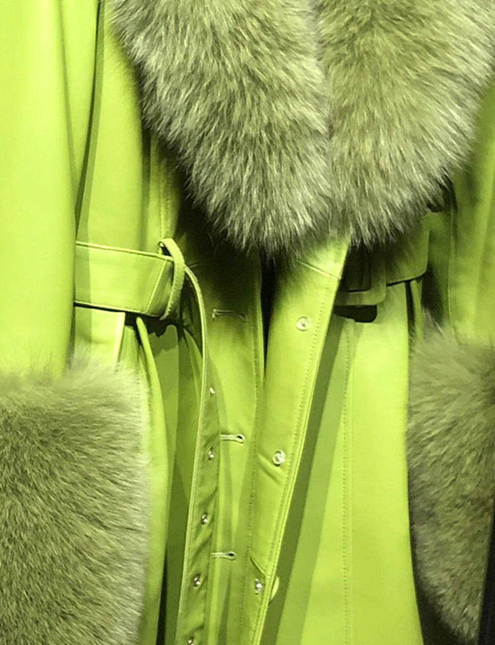 Faux Fur Genuine Leather Coat In Lime Green