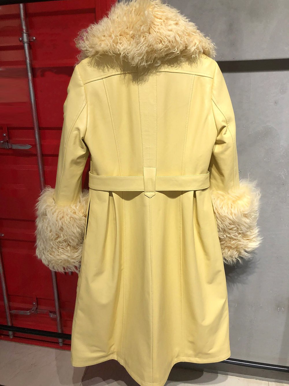 Faux Fur Genuine Leather Coat in Yellow