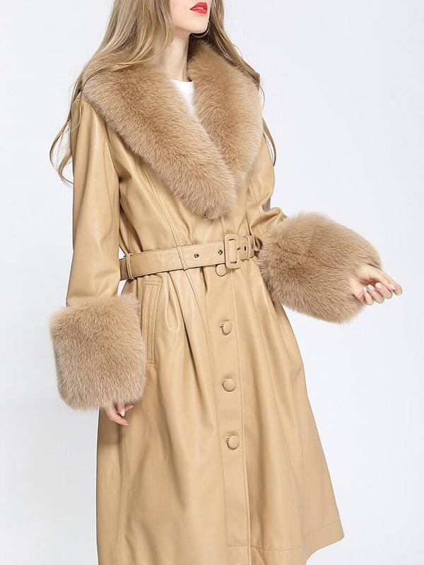 Faux Fur Genuine Leather Coat in Beige