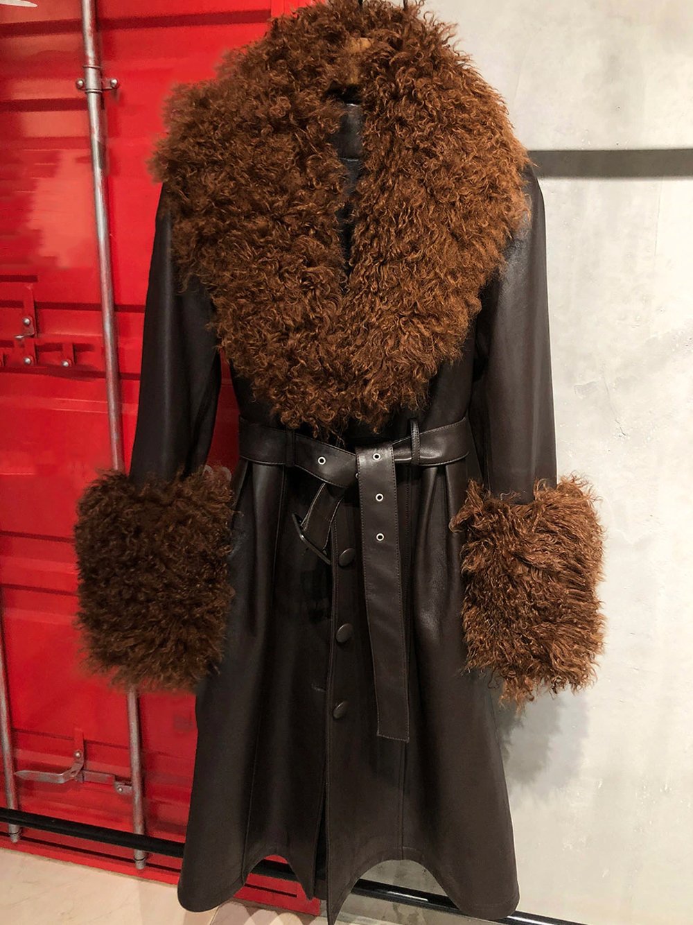 Faux Fur Genuine Leather Coat in Brown